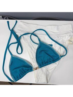 AERIE shine pique string triangle bikini & jacquard high cut cheeky bottom size